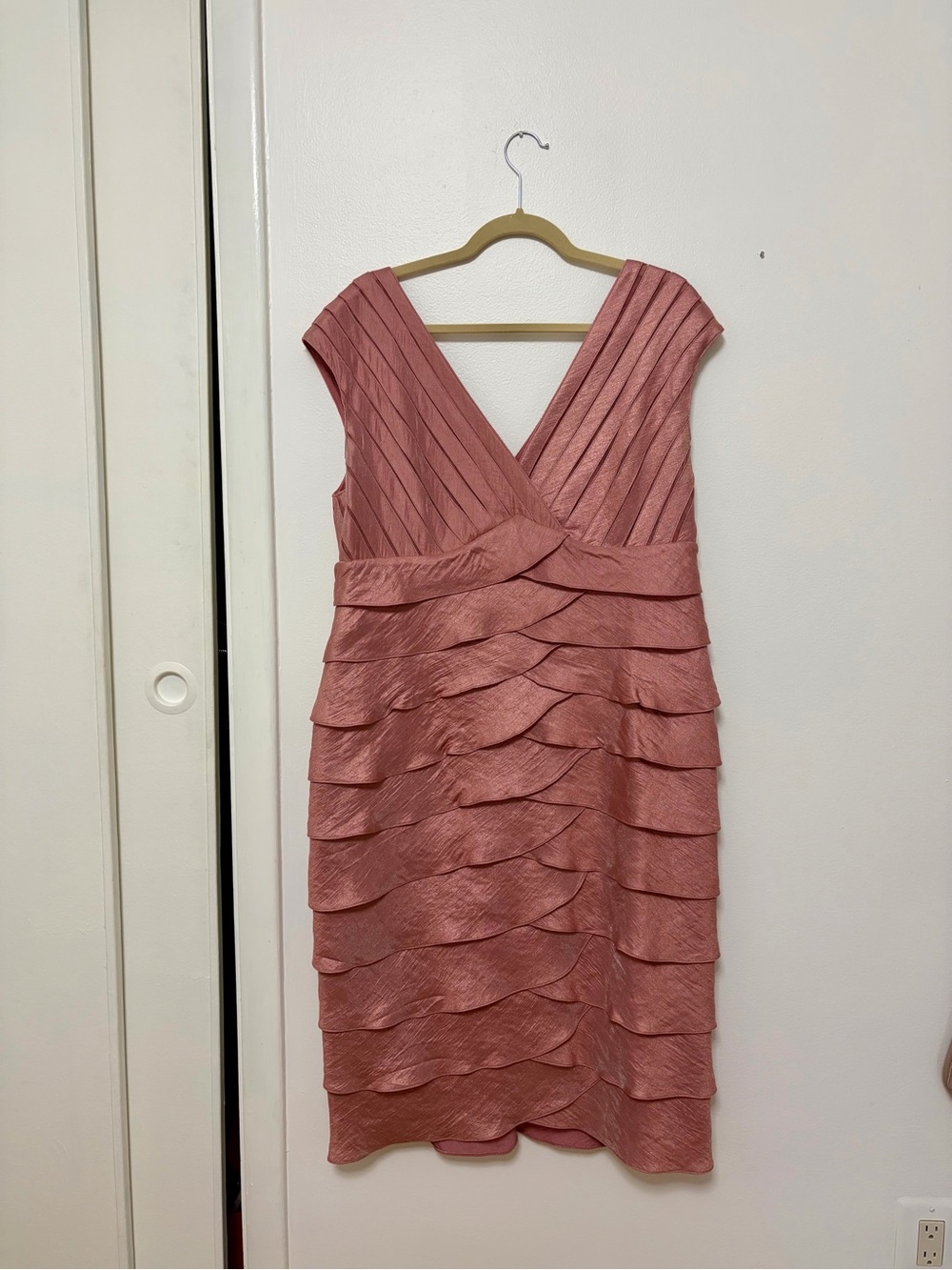 Adrianna Papell Layered V-Neck Midi Dress in Rose